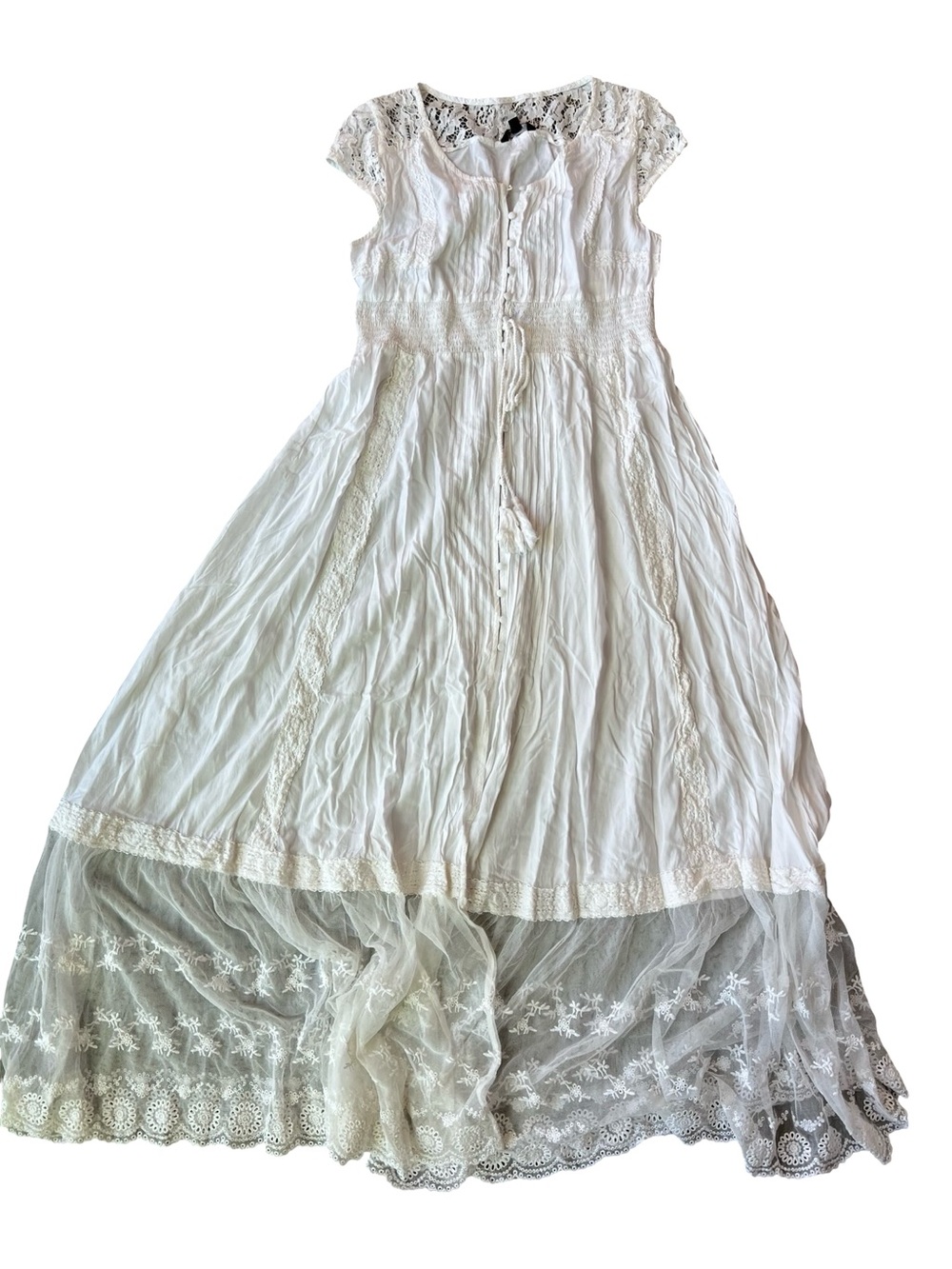 Boho Flowy White Lace Maxi Dress Medium